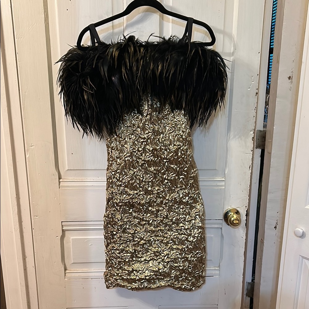 Vintage Betsy & Adam Metallic Gold Dress with Ostrich Feather Trim, size 8